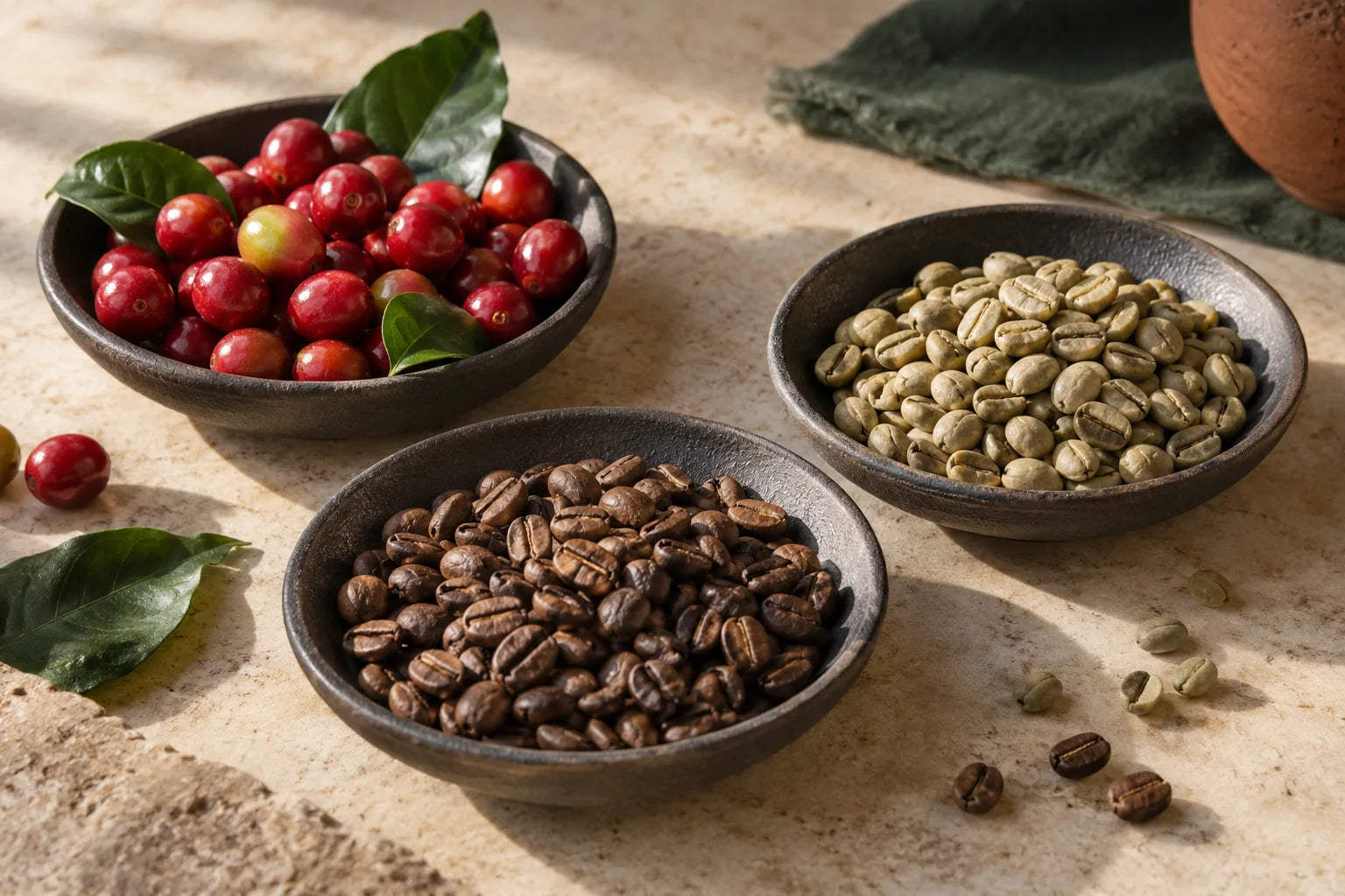 Concept still life of coffee cherries, green beans and roasted beans
