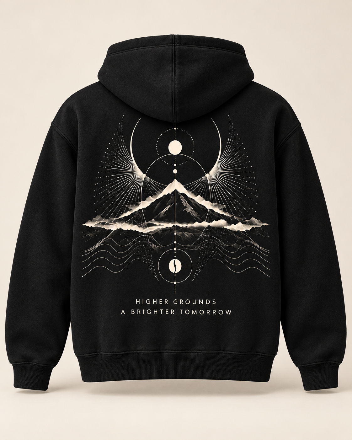 RITUAL Hoodie back with celestial mountain artwork
