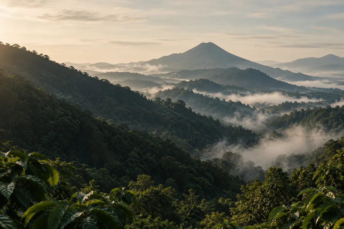 Imagined volcanic ridges in morning mist